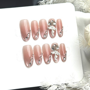 Faux Ongles à Presser Amande Rose Nude <span class=keywords><strong>D</strong></span>égradé de Luxe, Motif Fleur 3D, Perle, Strass, Goutte <span class=keywords><strong>d</strong></span>'Eau, Faits Main, OEM ODM, Vente en Gros - Product Image 1