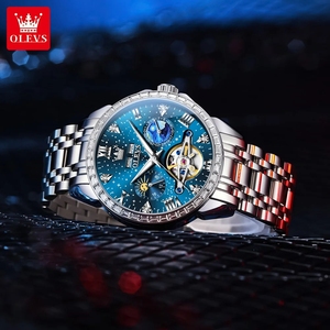 Montre automatique pour homme OLEVS 6712, luxe, squelette, double calendrier, phase de lune, étanche, lunette sertie de diamants, montres mécaniques pour hommes - Product Image 6