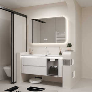 Combinaison d'armoires de salle de bain intelligentes en bois d'hévéa avec lavabo intégré en céramique - Product Image 3
