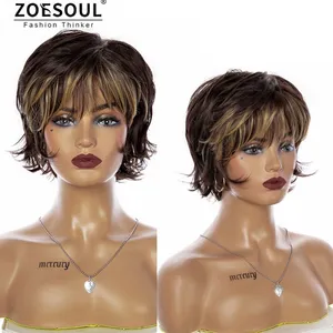 Synthetic Layered Mixed Brown Curly Wigs with bangs Natural Full Hair extension Short Replacement Wig for white women girls