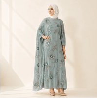 Abaya bleue brodée de perles florales avec manches chauve-souris drapées, robe de soirée musulmane modeste pour mariage et fête