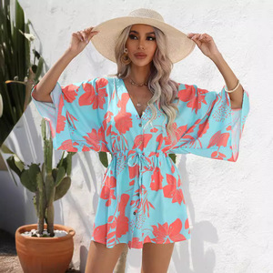 Abito Mini Estivo da Donna 2026 con <span class=keywords><strong>Stampa</strong></span> Foglie Tropicali, Scollo a V, Maniche a Pipistrello, Vita con Coulisse, <span class=keywords><strong>Vestito</strong></span> Casual per Vacanze - Product Image 4