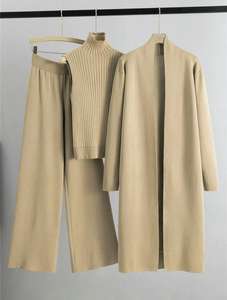 طقم نسائي جديد للخريف والشتاء، كارديجان طويل فضفاض + سترة بياقة عالية + بنطلون واسع الساق، طقم من ثلاث قطع - Product Image 5