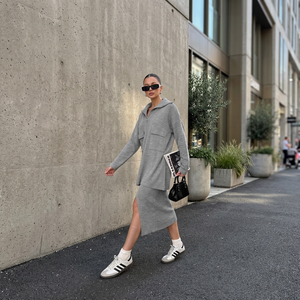 Ensemble pull à fermeture éclair sur le devant et jupe fendue (haut et bas) - GRIS - Product Image 3