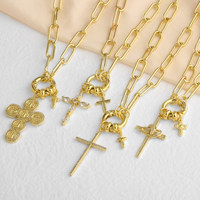 ASJEWELRY Collier en laiton plaqué or avec chaîne trombone et double pendentif croix en zircon cubique, bijou amulette catholique 2608 Nkey59