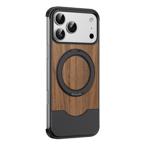 Walnut Wood Back Panel Magnetic Phone Case for <b>iPhone</b> 17 13 14 15 16 Pro Max With 360° Stand Aluminum Frameless Shockproof Cover - Product Image 1
