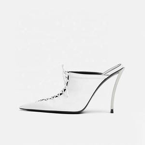 Sandales d'été pour femmes à talons aiguilles extrêmement hauts en métal, à lacets, bout pointu, style mules sexy - Product Image 6