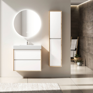 Direkt vom Hersteller Moderner Schlanker LED-Spiegel Wandmontierter Holz-Badezimmerschrank-Set mit Kunststein-Waschbecken für Schlafzimmer und Apartments - Product Image 1