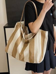 กระเป๋าผ้าใบขนาดใหญ่เป็นมิตรต่อสิ่งแวดล้อมสำหรับผู้หญิงกระเป๋าสะพายไหล่ลายทางส่วนตัวกระเป๋าใส่ทำ<span class=keywords><strong>งาน</strong></span>และช็อปปิ้ง - Product Image 2