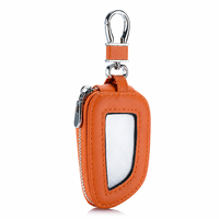Porte-clés de voiture en cuir PU orange avec fermeture éclair incurvée et fenêtre transparente pour télécommande automobile