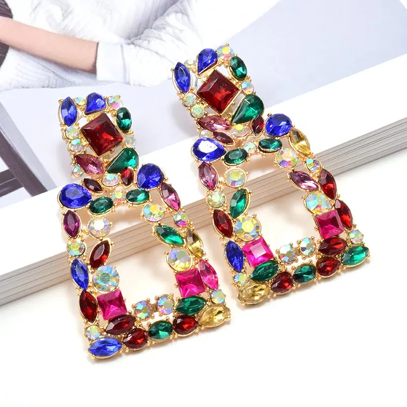 Wholesale ZA New Long Metal Hollowed-out Hanging Colorful Crystals Dangle Drop Geometric Square Earrings For Women