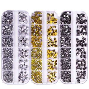 Yantuo penjualan terlaris 12 kotak campuran kaca pipih berlian imitasi warna Ab berlian kaca kilat berlian buatan sendiri seni kuku