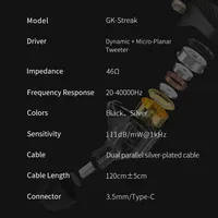 GK Streak HiFi Dual Driver KUN Hybride Planaire Dynamique avec Câble Détachable Intra-auriculaires IEM Écouteurs Moniteurs