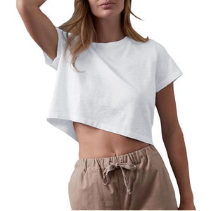 Camiseta Deportiva de Manga Corta 100% Algodón para Mujer, Ajuste Holgado Cómodo, Tejido Jersey Transpirable, Estilo Deportivo Liso Teñido - Product Image 1