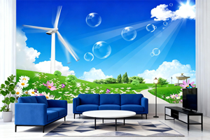 Papier peint paysager moderne écologique et imperméable - Motif moulin à vent, bulles et <span class=keywords><strong>prairie</strong></span> fleurie pour murs <span class=keywords><strong>de</strong></span> salle à manger et <span class=keywords><strong>de</strong></span> chambre - Installation facile - Product Image 4