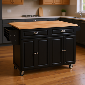 Isla de Cocina Rodante Negra con Cubierta de Madera de Caucho, 2 Cajones, Gabinetes con Puertas, Encimera Abatible, Diseño Moderno - Product Image 2