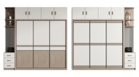 Système de rangement complet sur mesure pour toute la maison avec portes en bois clair et verre, tiroirs ouverts et système de suspension, avec tapis gris et verdure