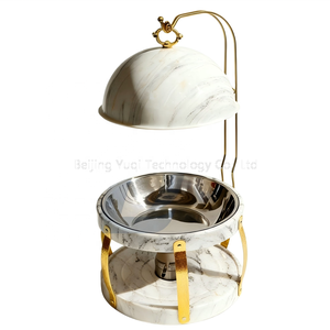 Chafing Dish Bulat Marmer Putih dengan Tutup Gantung, Server Buffet Pemanas Uap Stainless Steel 8L, Rak yang Dapat Disesuaikan - Product Image 6