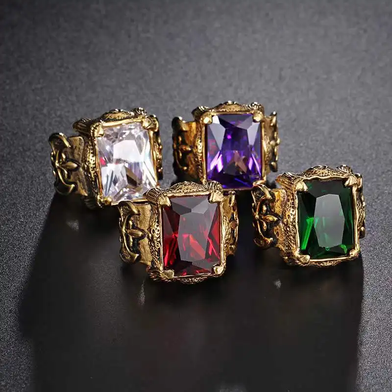 В стиле панк литья драгоценный камень квадратный цвет красный, белый, фиолетовый, зеленый черный камень Нержавеющее стальное кольцо для мужчин