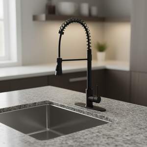 Robinet de cuisine monocommande avec douchette extractible à ressort, finition noir brossé, arc haut, montage sur comptoir, style classique, 1 trou, valve en céramique - Product Image 2