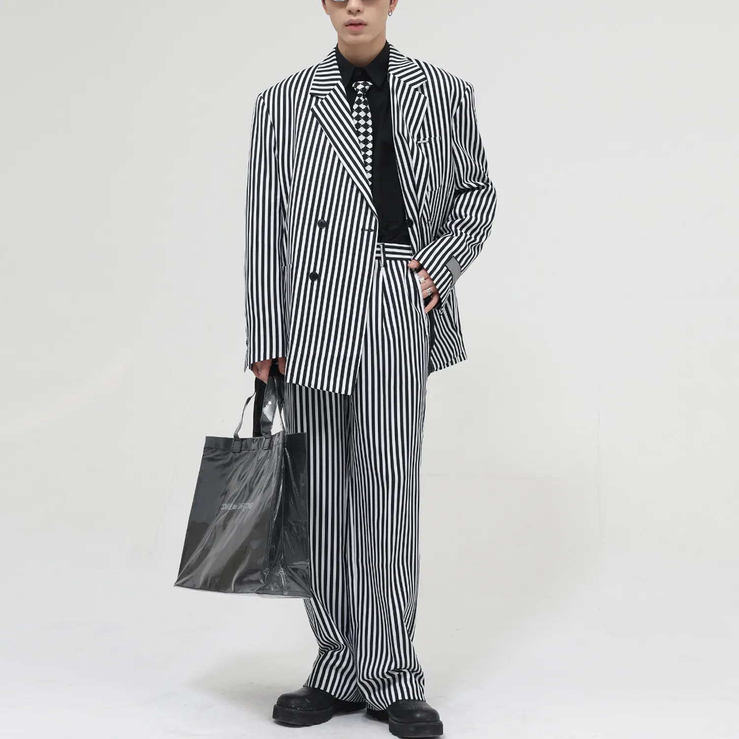 Newest Korea Style Loose Fit Double Breasted Suit Men Striped Private Label Costume Homme Mens Suits