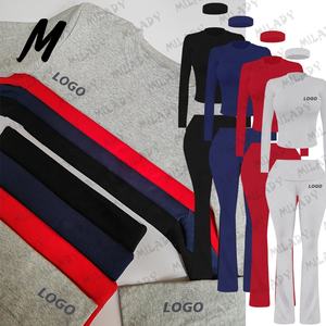 2025 комплект из 2 предметов с логотипом на заказ на осень-зиму, женская одежда, повседневная одежда с длинным рукавом, топ и расклешенные брюки, хлопковые комплекты одежды для дома - Product Image 5