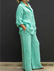 Completo <span class=keywords><strong>da</strong></span> <span class=keywords><strong>donna</strong></span> taglie forti casual con camicia ampia e pantaloni a vita alta, tinta unita con bottoni decorativi, lunghezza corta, vestibilità aderente, anti-pilling, per l'autunno - Product Image 3