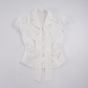 Blusa de Color Sólido con Cuello Camisero y Cintura Fruncida para Mujer, Estilo Dulce y Femenino - Product Image 2