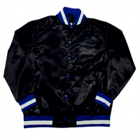 Blouson Bomber Satiné Noir Brillant pour Homme, Col Côtelé Noir Bleu Blanc, Boutons Pression, Style Baseball Letterman Streetwear Personnalisé