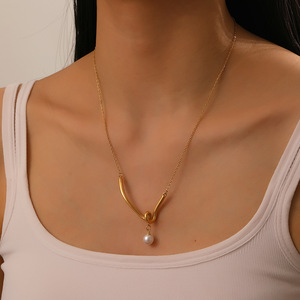V-Shaped Pearl Pendant Gold Plated Chain Necklace Geometric Design Everyday Wear - Product Image 3