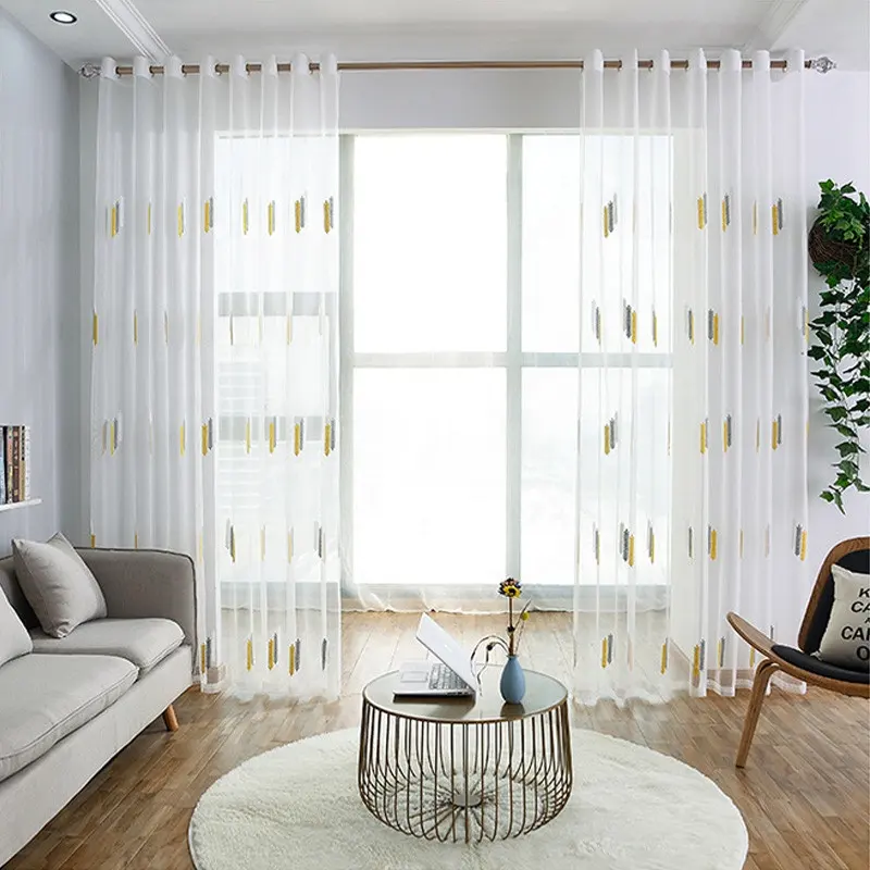 Ready Made Ear Of Wheat Pattern Embroidery Style Sheer Fabrics Net Voile Living Room Window Curtains