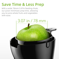 Extracteur de Jus à Froid BioloMix avec Goulotte de 78mm, Moteur Puissant de 200W 40-65RPM pour Fruits Entiers