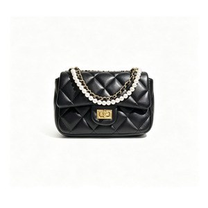 Sac carré matelassé en cuir véritable pour femme - Sac à bandoulière avec chaîne de perles pour l'été, élégant et polyvalent - Product Image 4