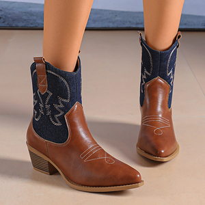 Botines de mezclilla con punta en pico y bordados, tacón grueso, venta directa de fábrica para mujer, botines vaqueros estilo western. - Product Image 2