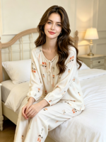Pyjama de luxe pour femme en fibre de bambou, haut à manches longues et pantalon, imprimé floral, col pull, respirant et doux, collection printemps/automne