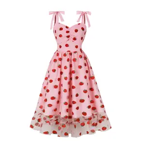 Vestidos largos Midi de malla de fresa con cuello de corazón rosa para mujer, vestido de fiesta de lentejuelas plisado Midi Vintage de cintura alta SR1416