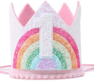 Горячая Распродажа Amazon Baby красный розовый Радужный Золотой 1-й 2-й 3-й день рождения корона головная повязка для малышей принцесса тиара Корона