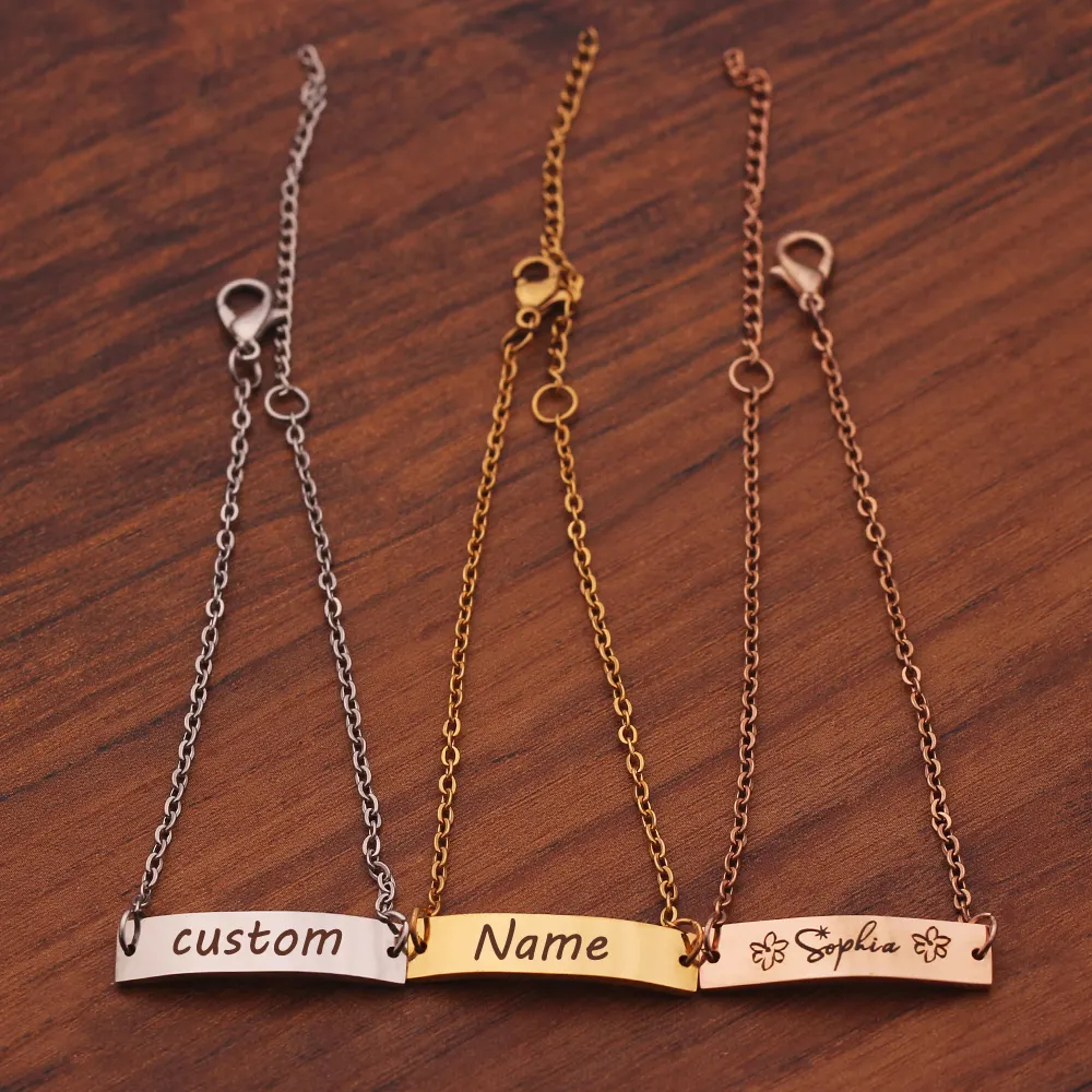 Alta Qualidade Personalizada Nome Personalizado Pulseira De Aço Inoxidável Sólido Ajustável Tom De Ouro para Meninas e Meninos Presente