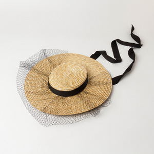 Chapeau de paille court pour enfants avec voile, protection solaire extérieure, en paille de blé, pour la plage, collection Printemps-Été - Product Image 3