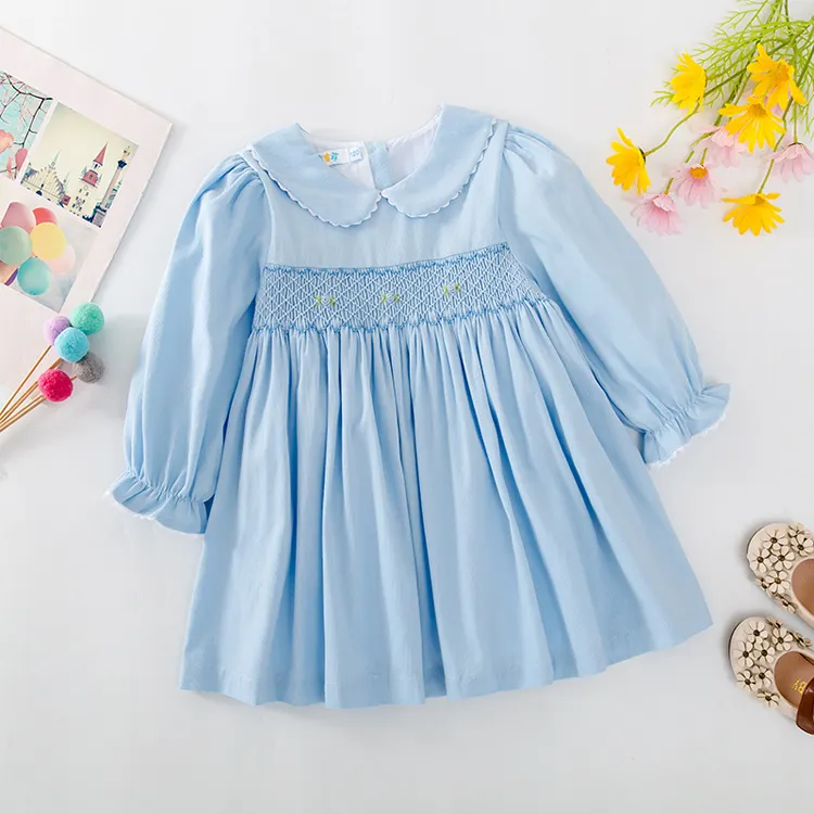 Cute Soft Children Long Sleeves Peter Pan Collar Smock Children Clothing Smocked Embroidered Dresses
