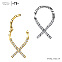 Cincin Septum Clicker Titanium ASTM F136 G23, Perhiasan Tindik Hidung dengan Zirkon Berlapis Emas