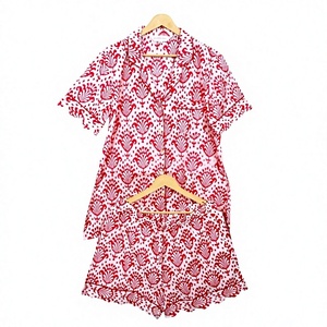 Hand-Block Printed 100% Pure Cotton Kangura Style Short Sleeve V-Neck A-Line Pajama Sets Pockets Soft Breathable Elastic Waist - Product Image 1