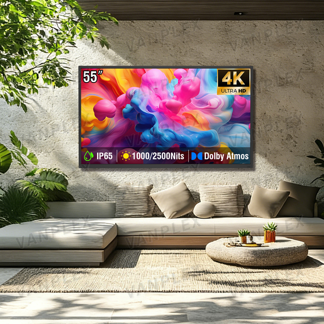 Vanplex Smart IP65 Outdoor 4K LED TV 55 Inch WebOS 2500nits Sunlight Readable Custom Size HDMI2.1 EARC USB for 60Hz