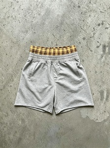 Shorts en coton gris pour homme, taille haute élastique avec poches, ceinture à carreaux, décontracté, tricoté, respirant, longueur courte - Product Image 1