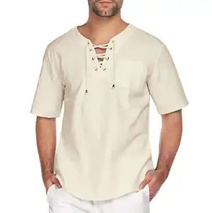 Herren Kurzarm Freizeit Baumwoll-Leinenhemden Hanfkleidung mit individuellem Logo schnüre rein farbige Herren Oberteile