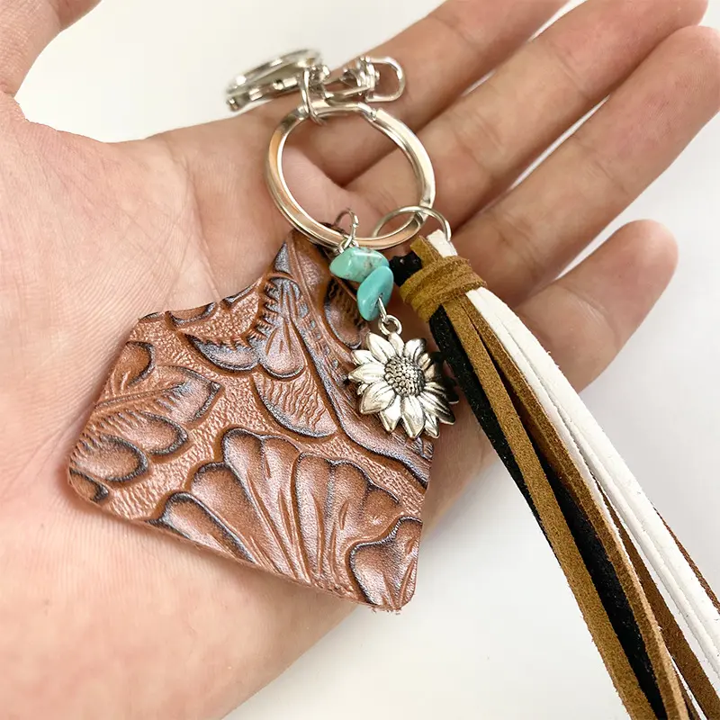Porte-clés pendentif personnalisé en cuir véritable de tournesol en alliage de style occidental