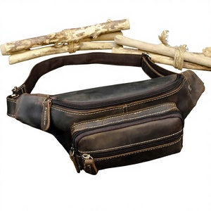 Vintage Genuine Leather Men's Waist/Chest Bag <strong>Crazy</strong> Horse Finish Zipper Closure <strong>Earphone</strong> Holes Multifunctional for Leisure - Product Image 1