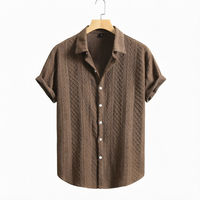 Kemeja Pria Bertekstur Coklat Polos Kasual Kerah Pendek Lengan Pendek Kancing Depan Liburan Musim Panas Streetwear