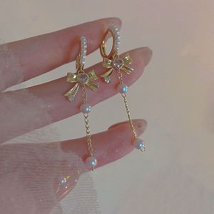 S925 Silver Needle Tassel Bow Pearl <b>Earrings</b> for Women Luxury Micro Paved Zircon Shiny Zirconia Pearl <b>Earring</b> Half Hoop <b>Earrings</b> - Product Image 3