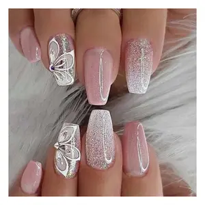 Wholesale Tips Nail Pieces Pink Gradient Glitter Pure Desire Wearable Good Looking Nails Rhinestone Press on Nails ABS Butterfly